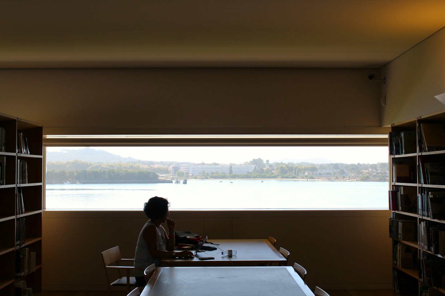 Home Persona in silhouette a un tavolo di biblioteca che guarda fuori da una finestra.